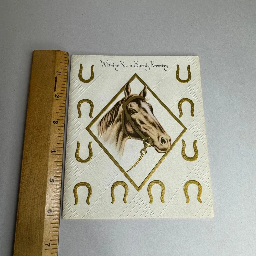 Vintage Sangamon Get Well Greeting Card Horse Horseshoe Gold Embossed 10-303 USA